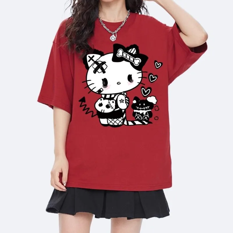 New Y2k Sanrio Hello Kitty T-shirt Women Halloween Chrismas Short Sleeve Top Korean Fashion Summer Cute Tee Casual Loose Clothes