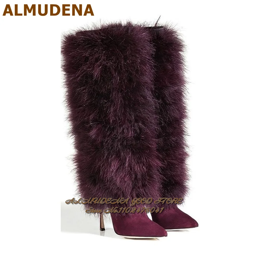 ALMUDENA Wine Red Fluffy Fur Boots Burgundy Suede Pointed Toe Stiletto Heel Plush Knee Boots Fringe Long Dress Shoes Winter