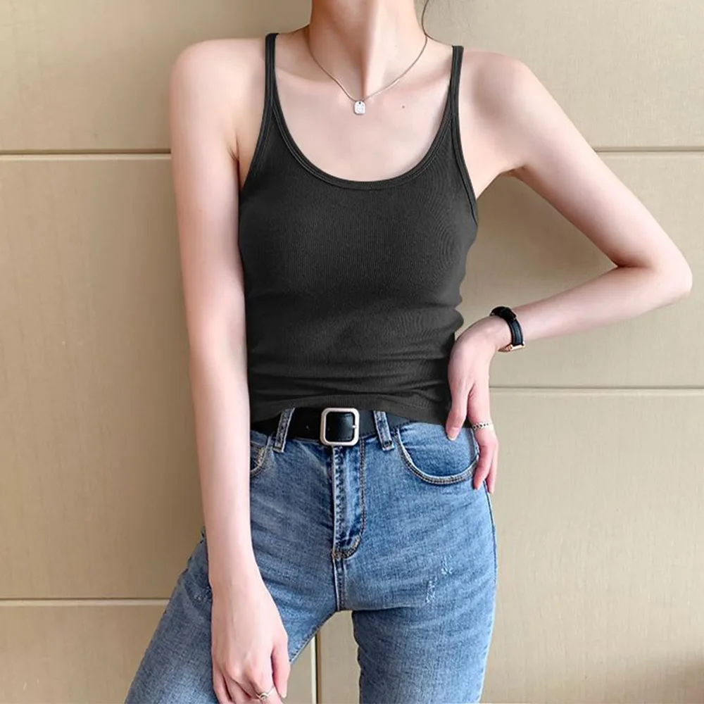 

Women sleeveless ribbed camisole basic solid color polyester top with moderate elasticity for daily layering and outings