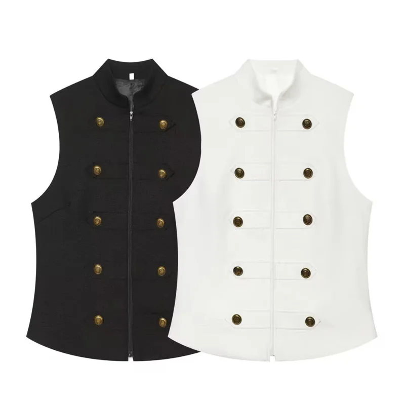 Women Vintage French Napoleon Officer Crop Vest Textured Stand Collar Double Gold Buttons Sleeveless Commuter Waistcoat Tops