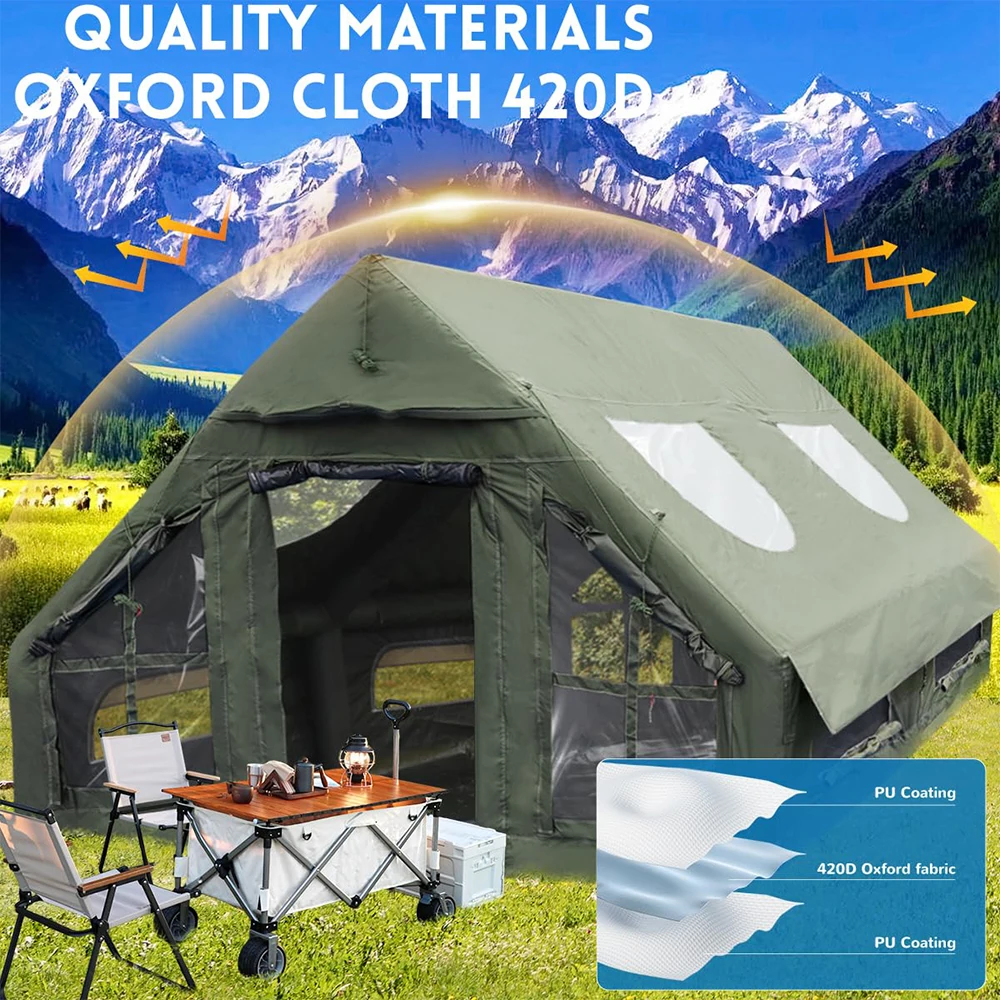 Inflatable Camping Tent with Pump 4-Season Family Waterproof Oxford Fabric Luxury Glamping Tent