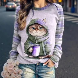 Women's round neck hoodie animal cat 3D printed shoulder style autumn and winter European and American T-shirt women's clothing