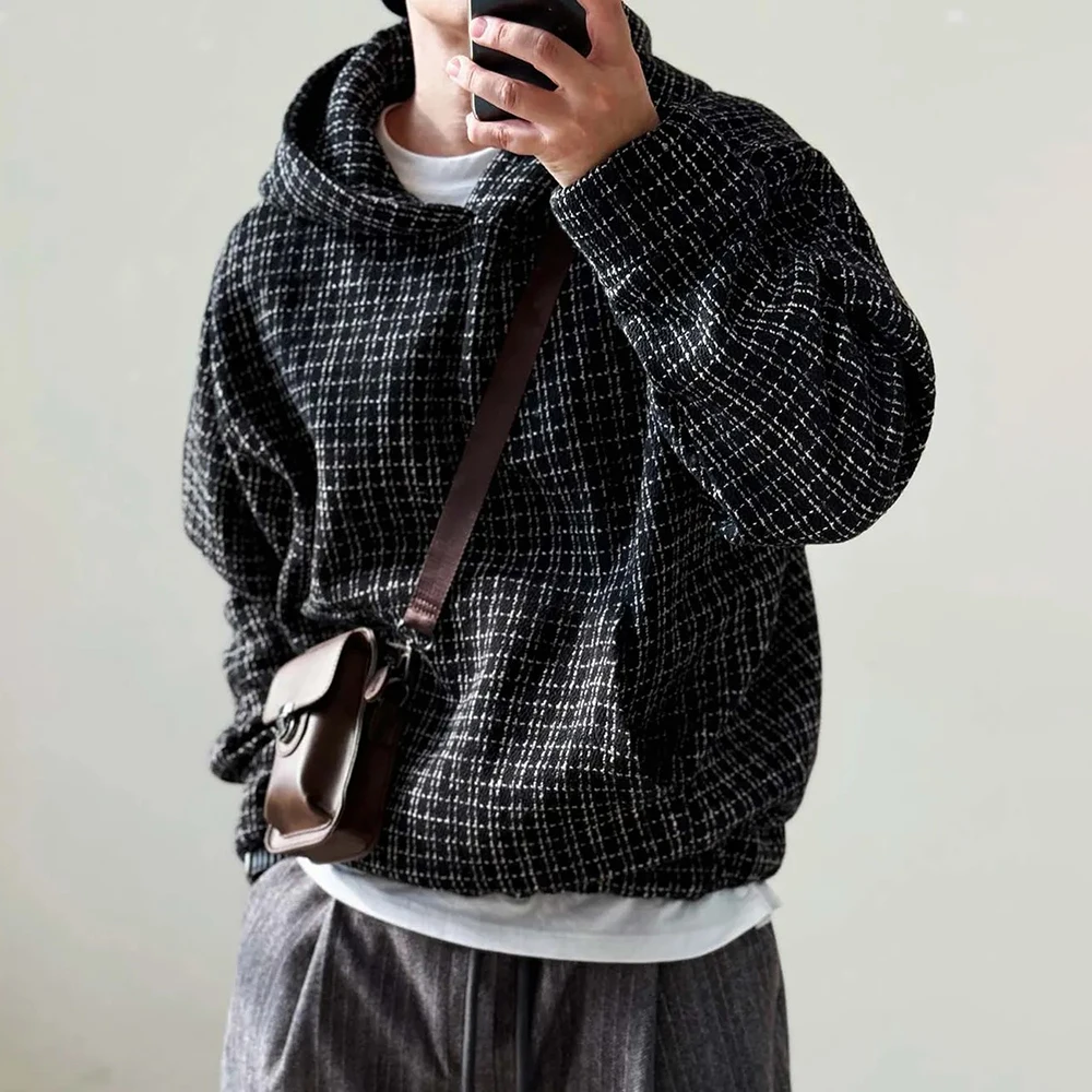 Mens Sweater Hooded Rough Weaving Sweater Streetwear Fashion Versatile Casual Versatile Male Campus Long-Sleeve Top Men'S Wear