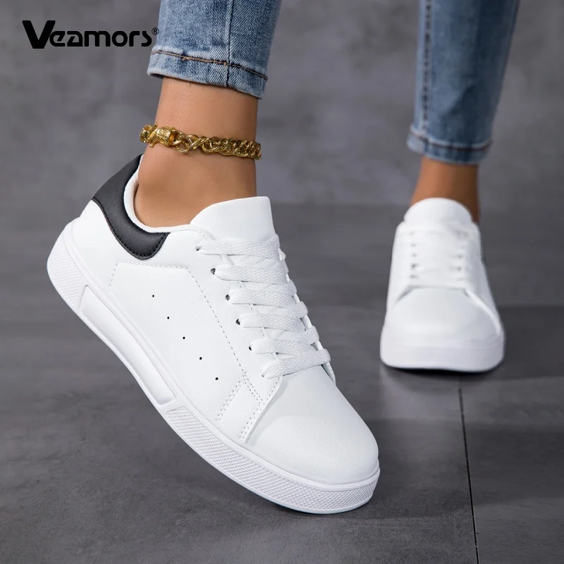 

Fashion Women's PU Leather Sneakers Men Breathable White Shoes Lace-up Elastic Casual Board Shoes for Walking Running Jogging