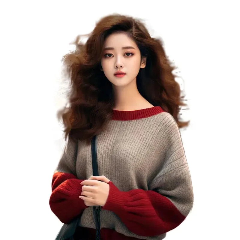 الكورية نمط كتلة اللون سترة المرأة الخريف والشتاء كسول نمط جولة الرقبة سترة بأكمام طويلة
