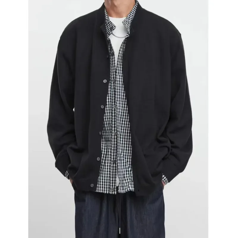 2025 Autumn Winter New Two Piece Gray Plaid Patchwork Cardigan Men Trendy Street Cool Loose Casual Sweater
