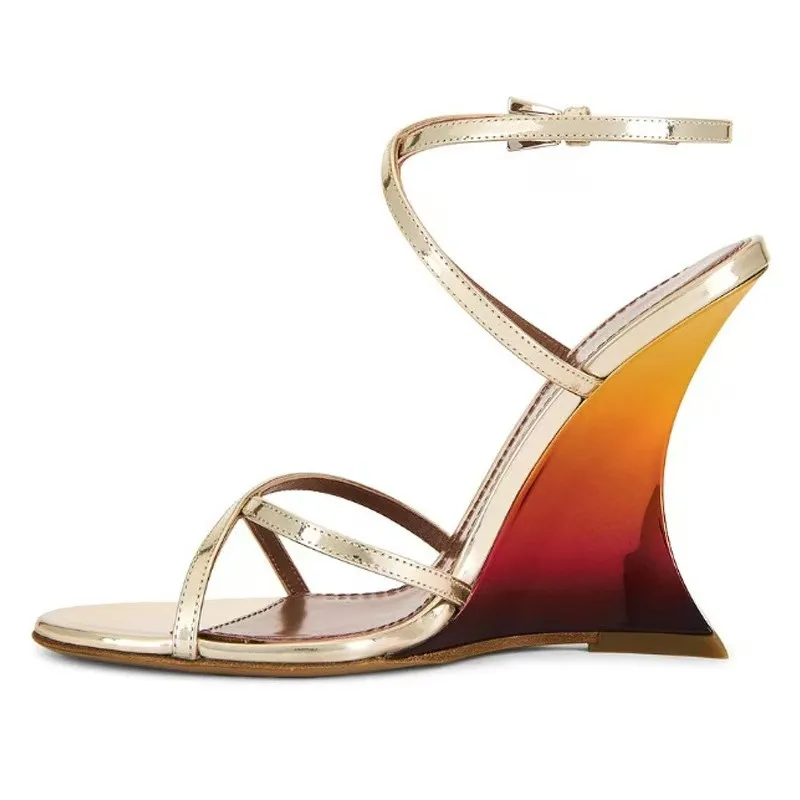 

Round Toe Slope Heel Gradient Color High-heeled Sandals for Women, Slim Strap Sandals, High-quality Summer Shoes, Wedding Shoes