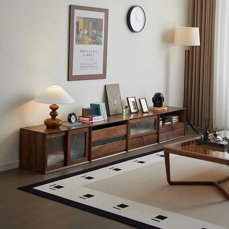 North American Black Walnut Solid Wood Bookcase with Glass Door Floor Storage Unit Living Room TV Cabinet Combination Shelf