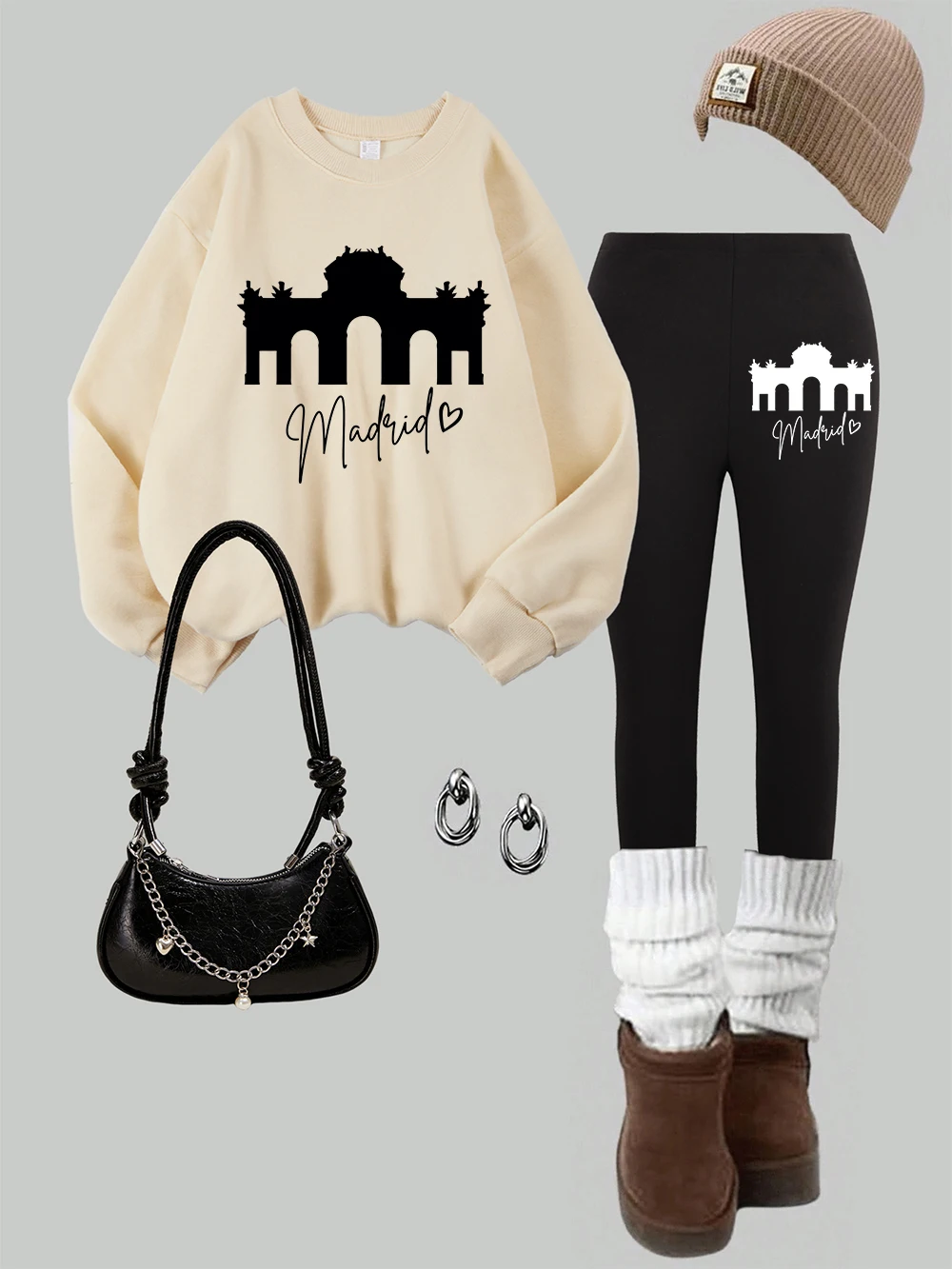 Set Legging dan Sweatshirt Wanita 2 Potong Motif Madrid Alcala dengan Pintu Geser, Bahan Fleece Thermal untuk Musim Dingin, Celana Hoodie, Pakaian Wanita Gaya Jalanan
