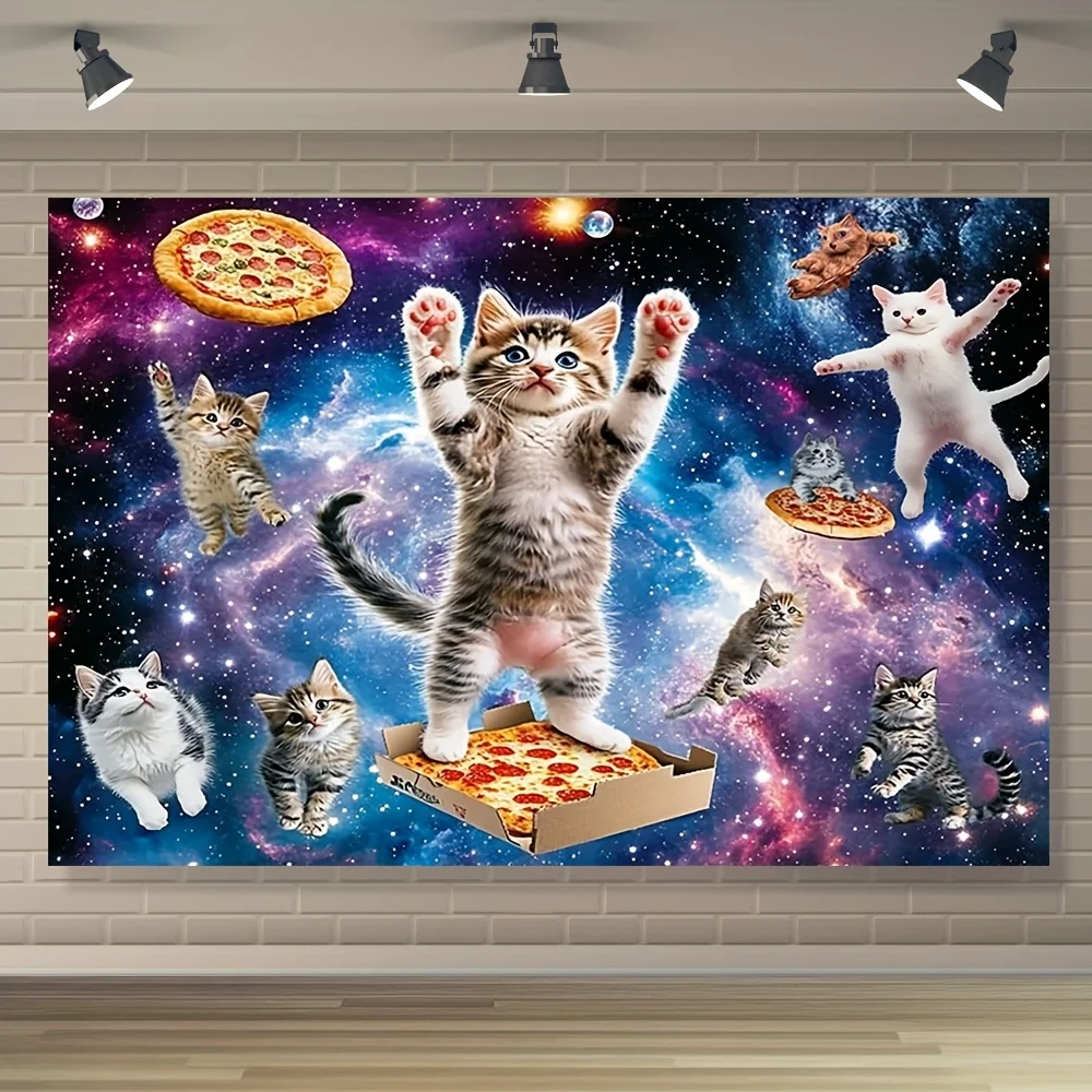 Space Cat Tapestry – Cosmic Pizza Adventure, Whimsical Galaxy Wall Hanging, for Bedroom or Dorm Decor