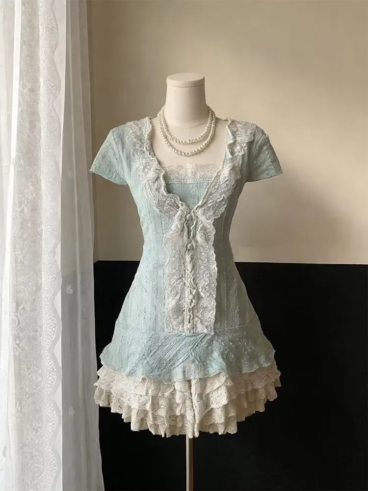 

Летний милый винтажный женский комплект из 2 предметов: повседневный кружевной зеленый топ в стиле Y2K + дизайнерская мини-юбка. Новая модная женская юбка-комплект.