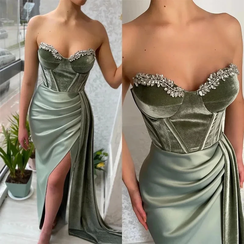 

Romantic Sexy Green Velvet Prom Dresses Beads Sweetheart Evening Gowns Mermaid Slit Formal Long Special Occasion Party Dress