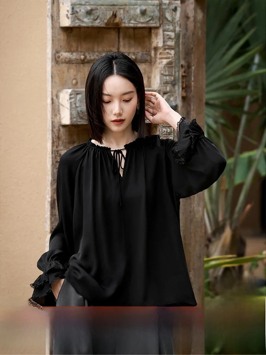 

XiaoHanGe Women's Loose Silk Shirt 22mm Double Gauze Lace Trim Lotus Leaf Sleeve Tie Neck Summer New Style Fashion French Style