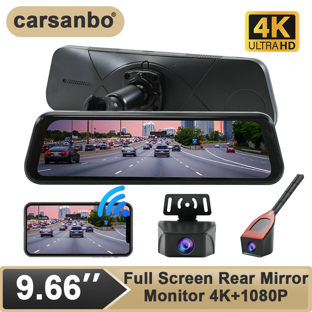 Carsanbo 9.66 inci 2K IPS Layar Sentuh Penuh Monitor Cermin Belakang Dengan Kamera Depan 4K Kamera Belakang 1080P Mengemudi Aman