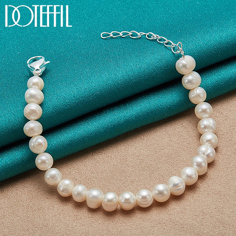 DOTEFFIL 2pcs 8mm Natural Pearl Beaded Chain 925 Silver Buckle Necklace Bracelet Set For Women Wedding Engagement Party Jewelry