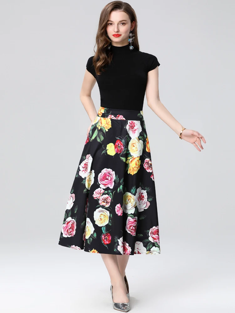 

Spring Summer Elegant Black Knitting Sweater Top +A Line Printing Midi Pleated Skirts Women Fashion Vintage 2 Pieces Set
