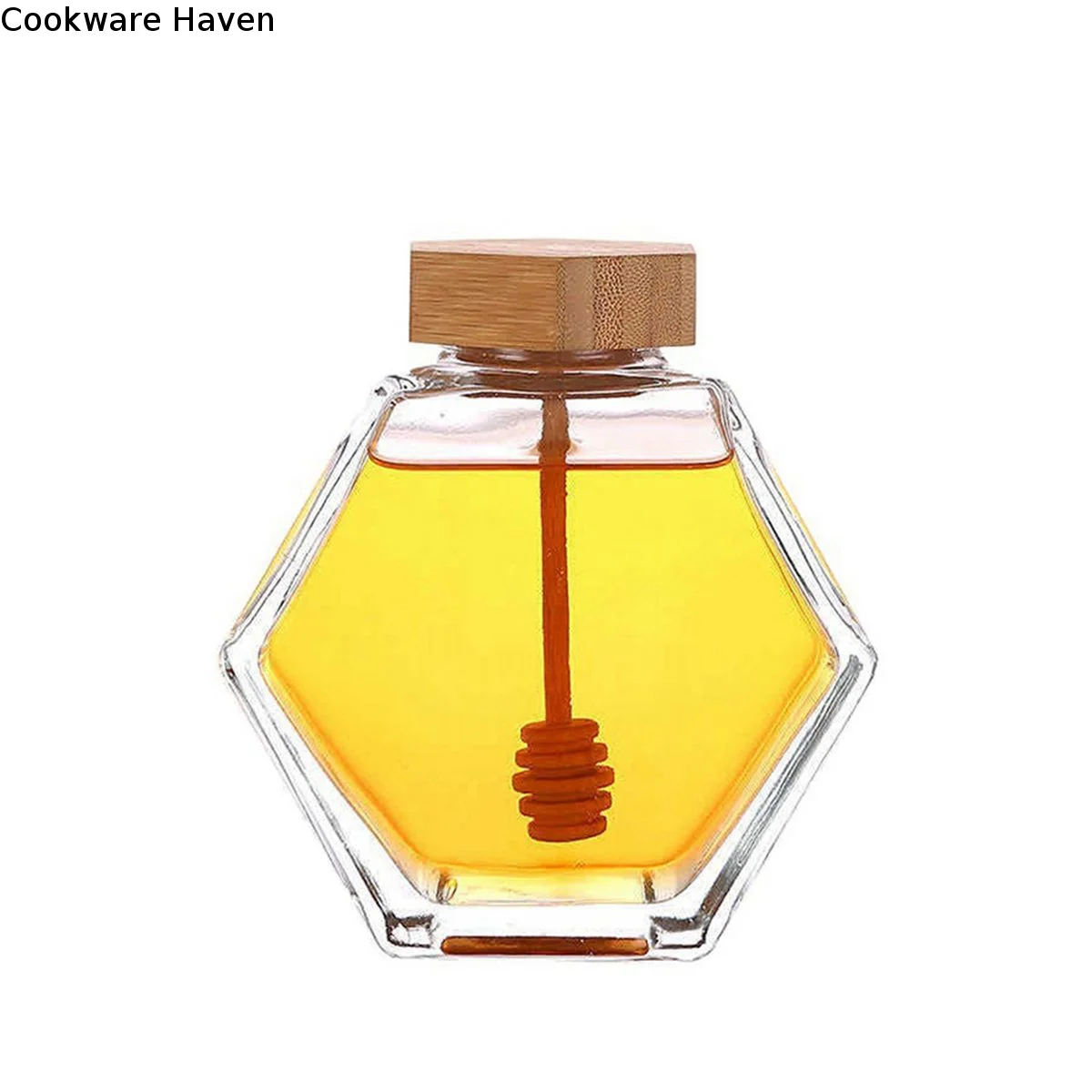 Heat-Resistant Hexagon Glass Transparent with Wooden Dipper Honey Jar Dispenser Storage Container Honey Pot