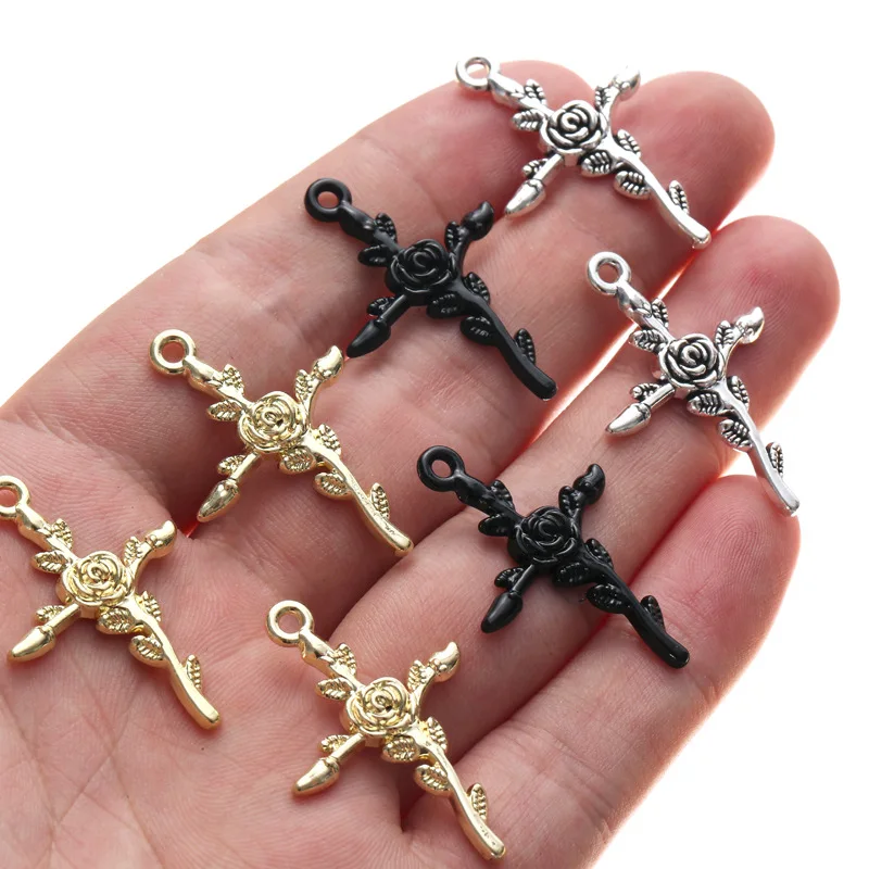 

10Pcs/pack Vintage Halloween Rose Flower Cross Enamel Charms Pendant For Diy Women Men Necklaces Jewelry Making Accessories