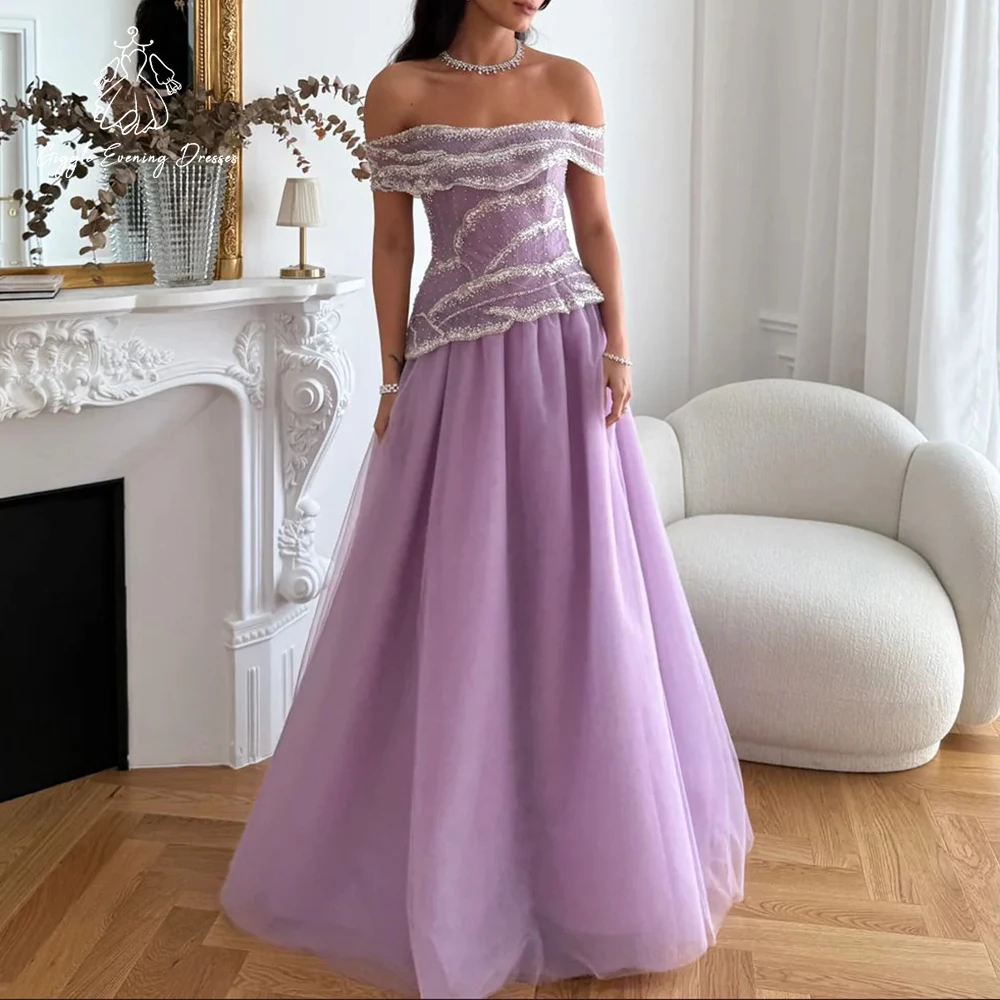 Luxury Off-Shoulder Lavender Evening Dress Beaded Top A-Line Tulle Gown Modest Formal Saudi Prom Party Occasions Customized