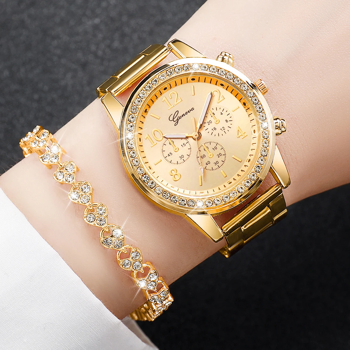 6PCS/Set Fashion Rhinestone Women\'s Watches Stainless Steel Band Quartz Watch Bracelets Set（Without Box）