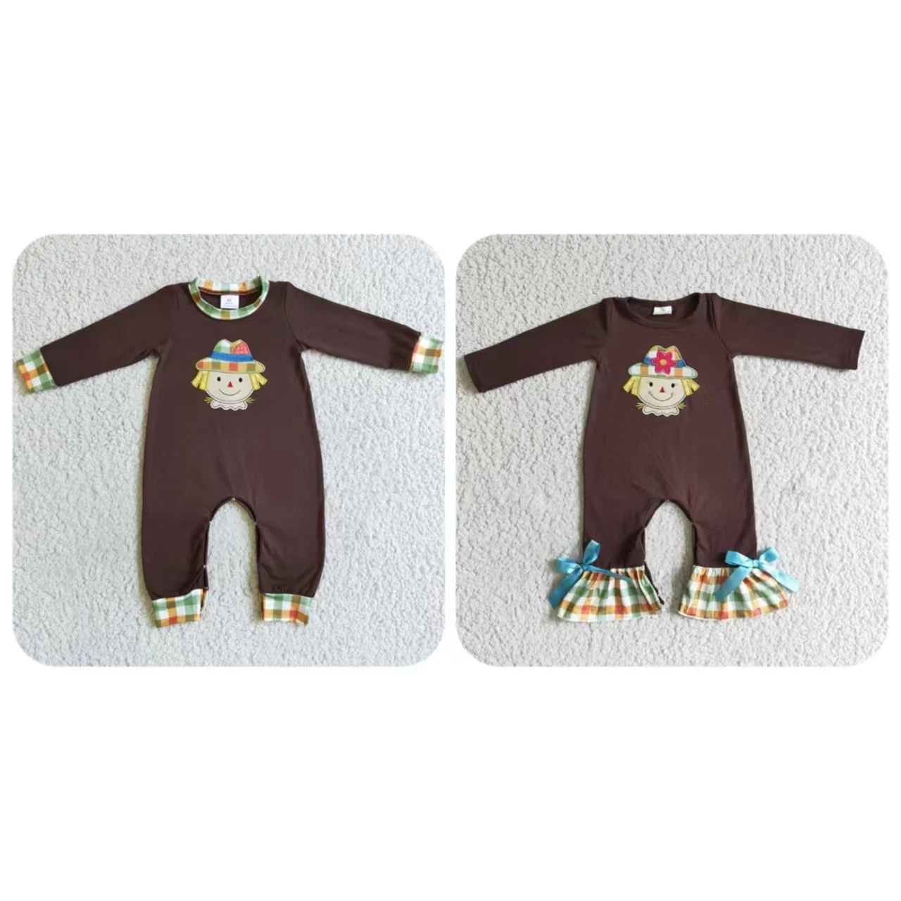 

Wholesale Toddler Thanksgiving Newborn Matching Baby Boy Girl Embroidery Scarecrow Cotton Snap Botton Jumpsuit Kids Plaid Romper