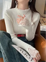 Autumn Winter Turtleneck Skinny Elastic Knitted Pullovers Women Solid Color Tops Female Long Sleeve Knit Patctwork Lace Sweater 3