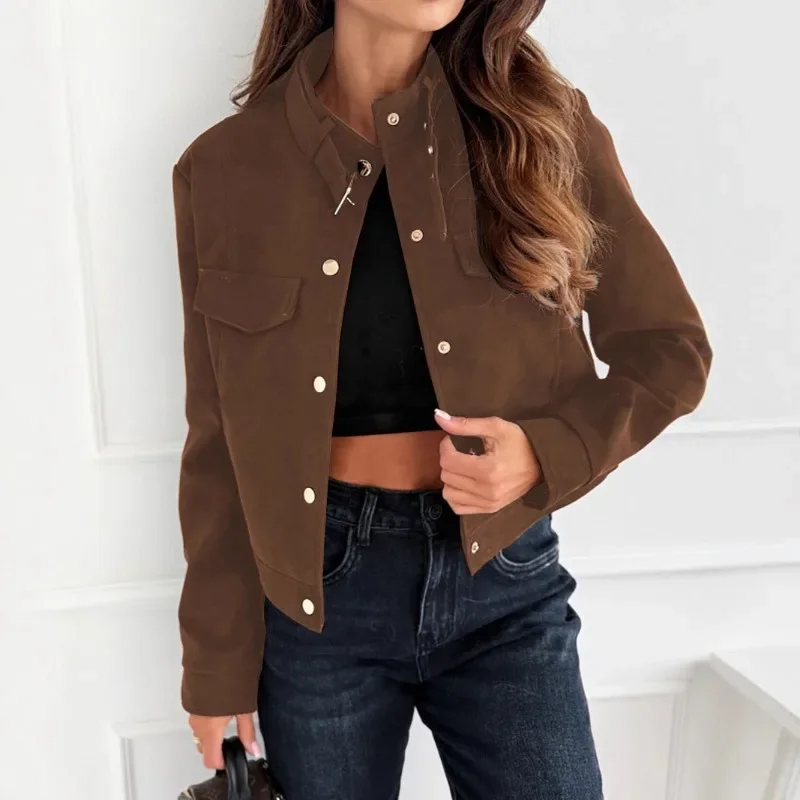 Women Slim Suede Bomber Jacket Stand Collar Button Long Sleeve Female Coat Autumn Lady Casual Y2k Streetwear Vintage Chic Tops