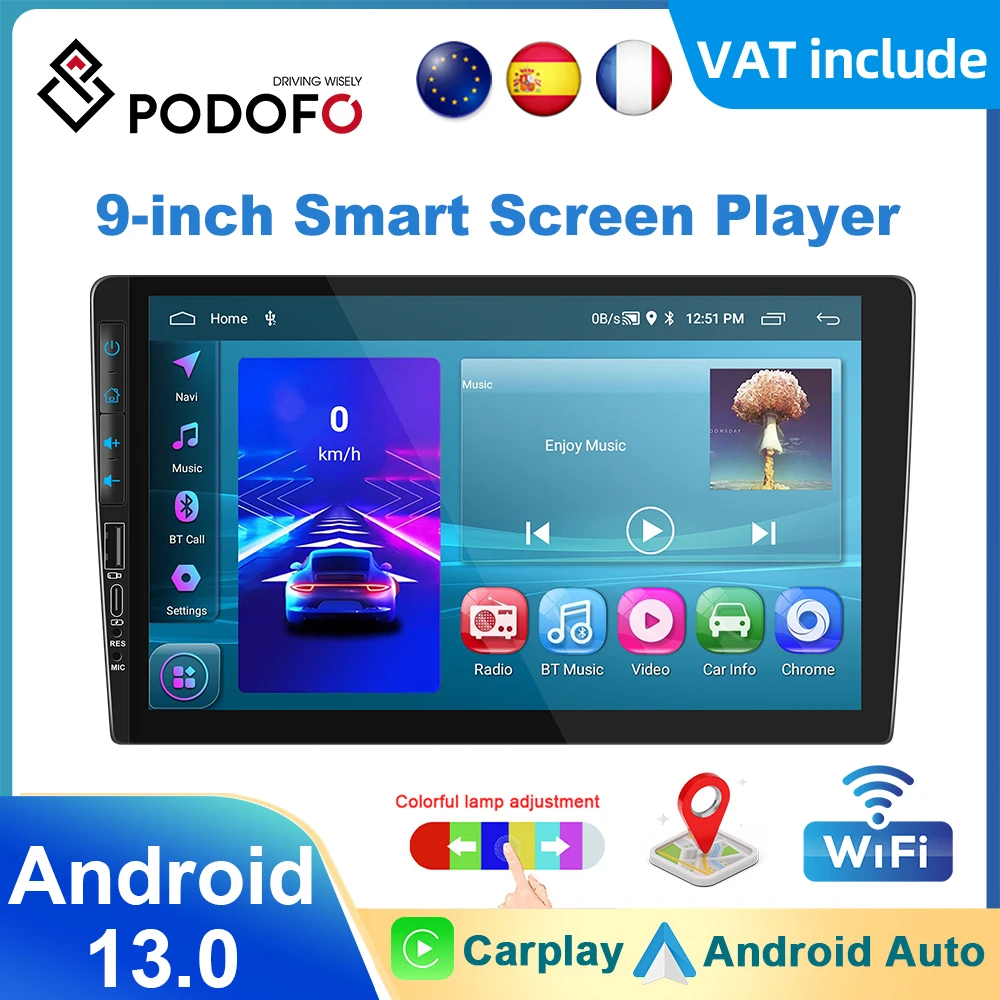 Podofo 1din Android 2+64G GPS Car Stereo Radio 9'' Carplay Android Auto Player Bluetooth WIFI GPS FM Radio Receiver