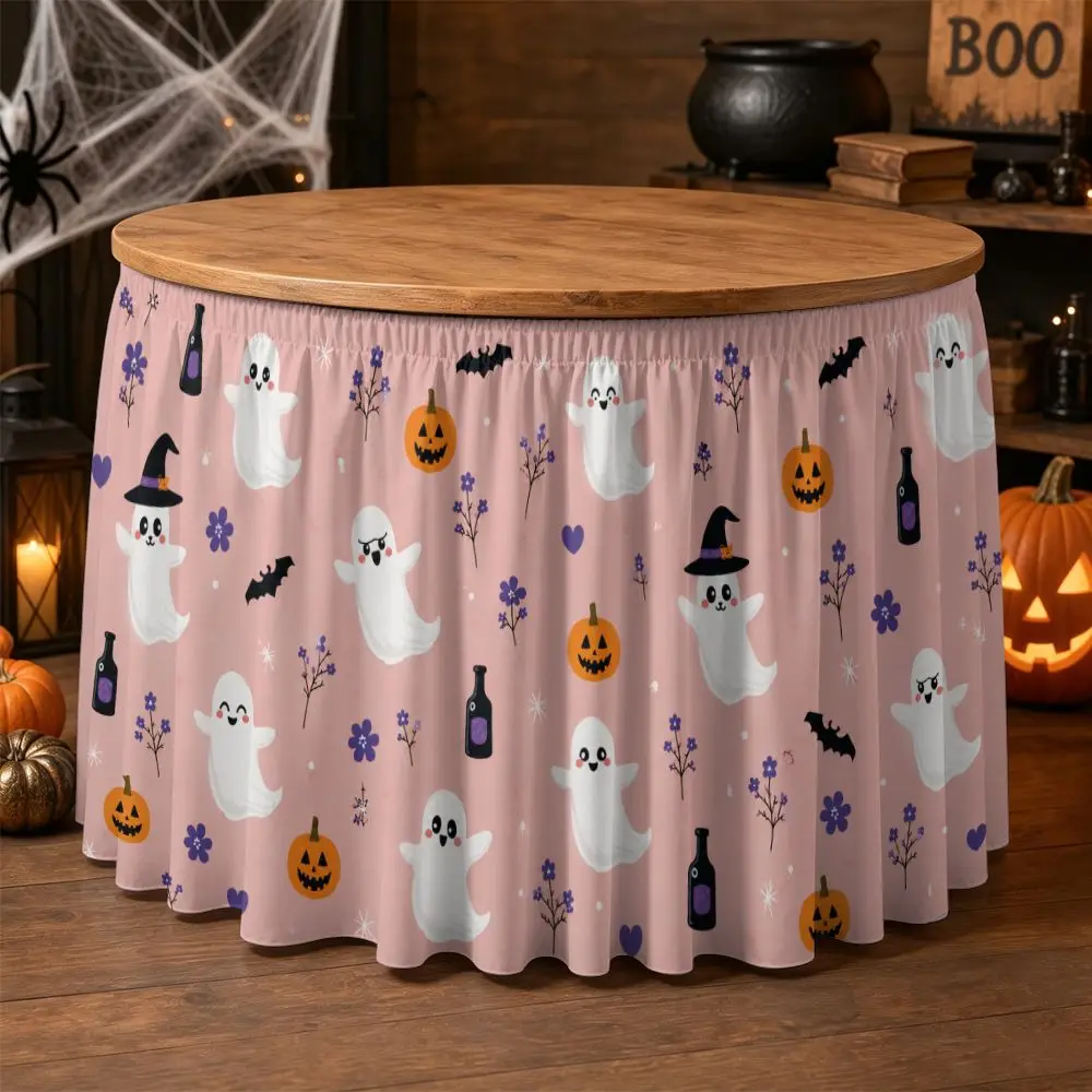 1 Halloween pie table skirt, 2D flat cute ghost pumpkin bat flower pattern
