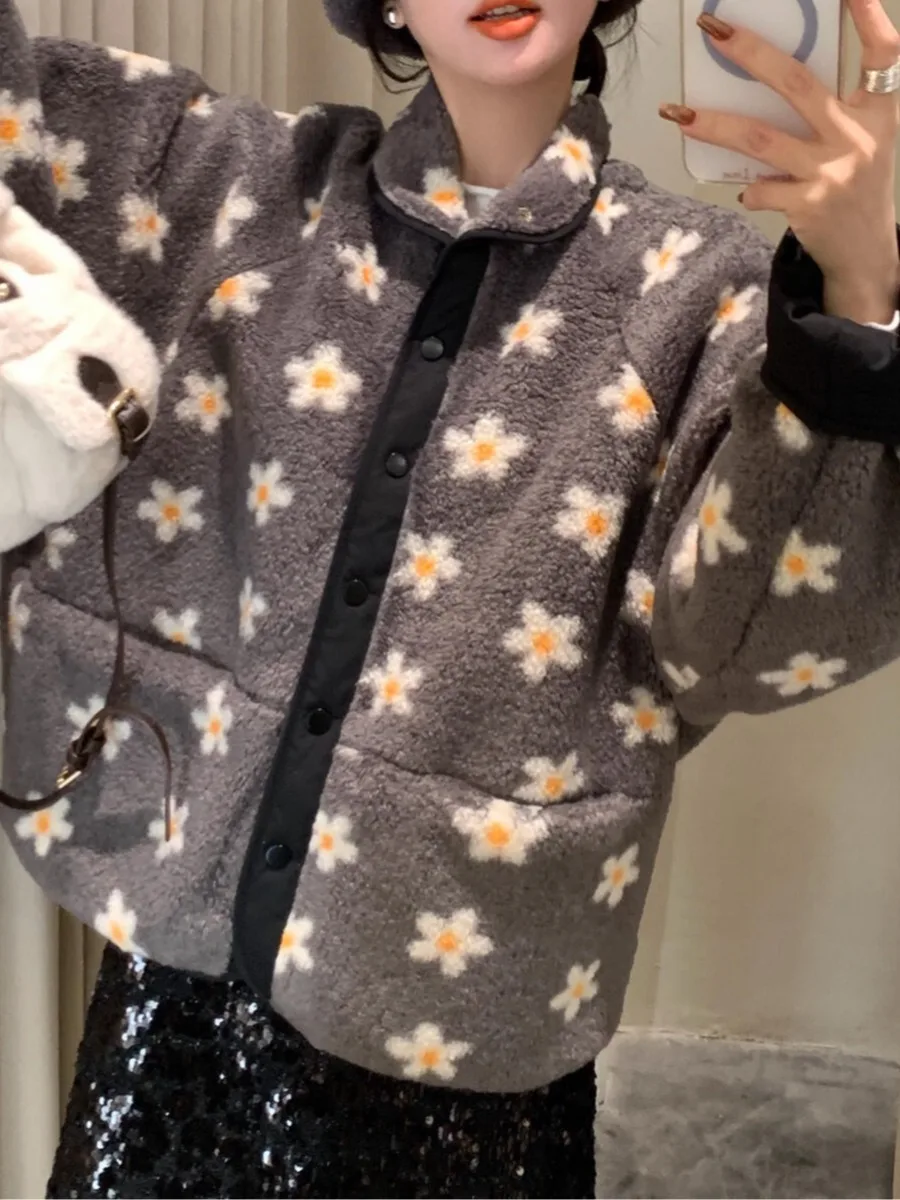 韓国 Sle 甘いかわいいラムファーコート女性の暖かさふわふわ花柄アウター春秋冬ファイオンストリートウェア