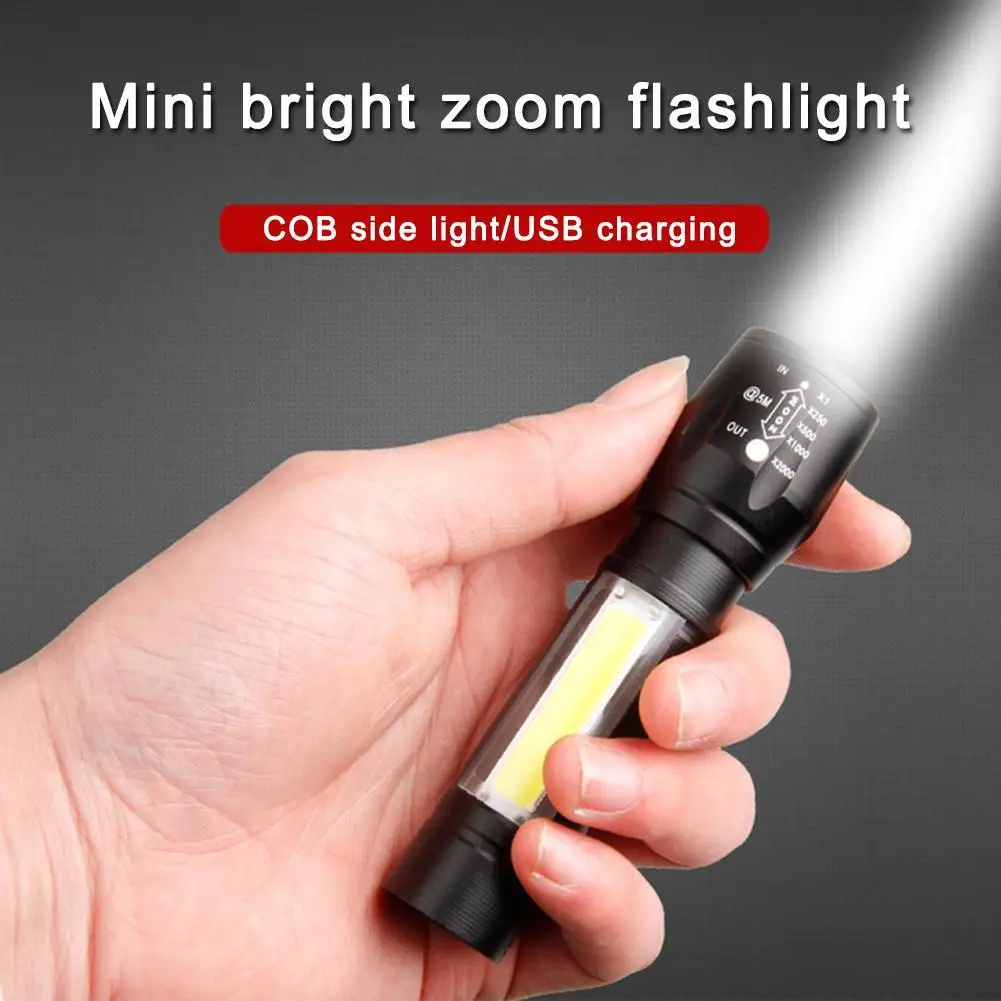 1 Pcs Small Flashlight With Side Light COB Strong Light Telescopic Zoom USB Charging Set Mini LED Flashlight With Side Lights