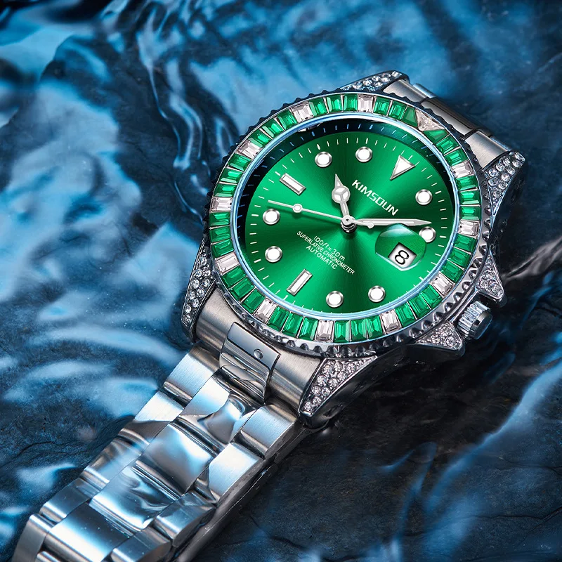 New Diamond Green Submariner Automatic Mechanical Steel Belt Fashion Luminous \'s Waterproof Watch Men