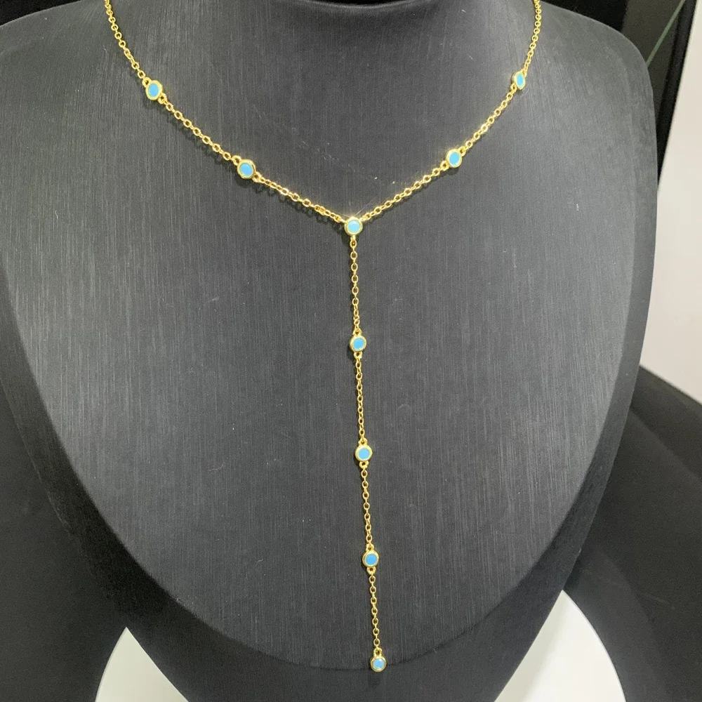 Gold Color High Quality Fashion Women Jewelry Long Y Lariat Sexy Necklace Paved Blue Turquoises