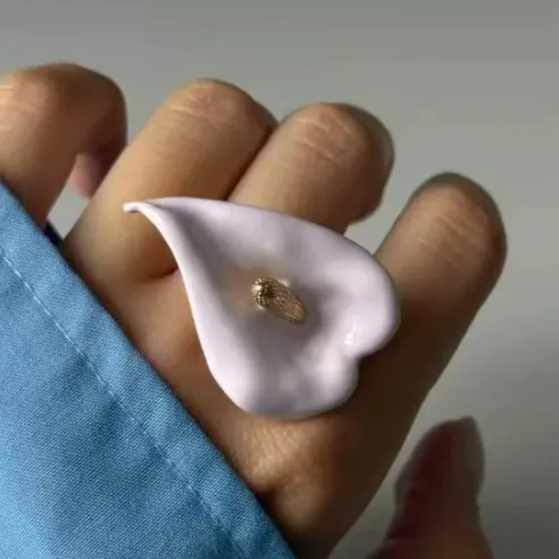 Statement Drip Oil Enamel Calla Lily Adjustable Ring for Women