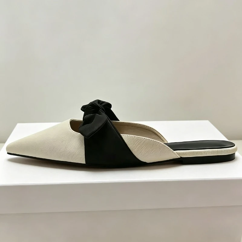 Bow Elegant Flat Mules Women Sandals Pointed-Toe Backless Slides Match Tops Lightweight Comfortable Women's Slippers Summer 2026