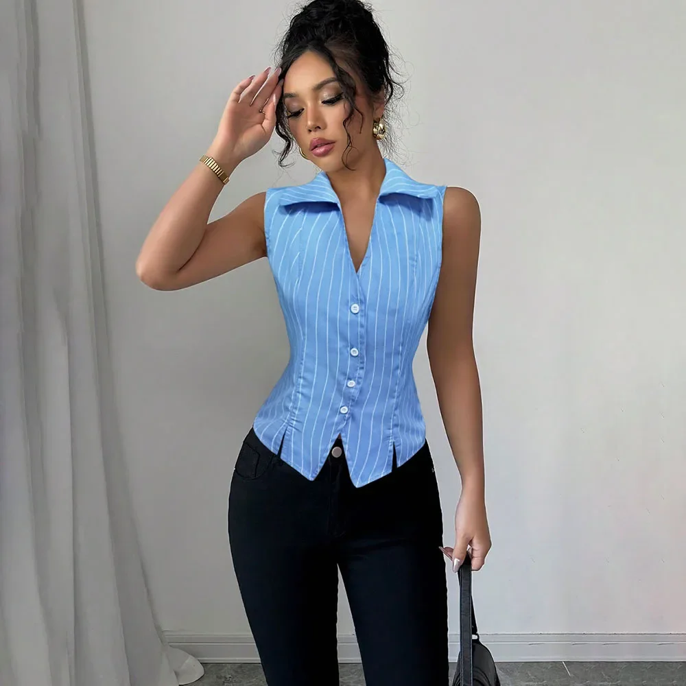 Camicia estiva casual slim gilet donna 2025 camicetta con stampa a righe senza maniche moda top donna elegante