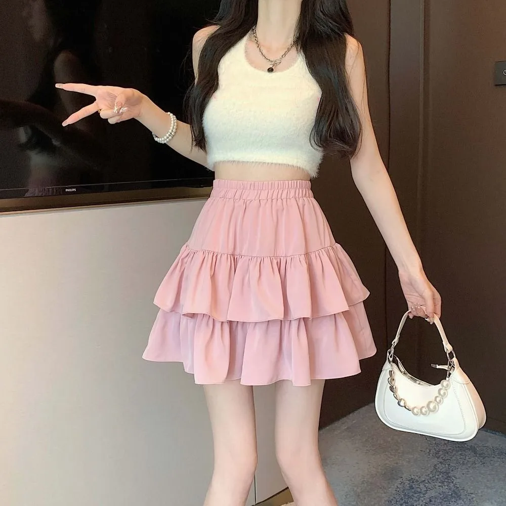 A-line High Waisted Cake Skirt Double Layer Elastic Waist Pleated Fluffy Mini Skirt Harajuku Solid Color Ruffled Short Skirt