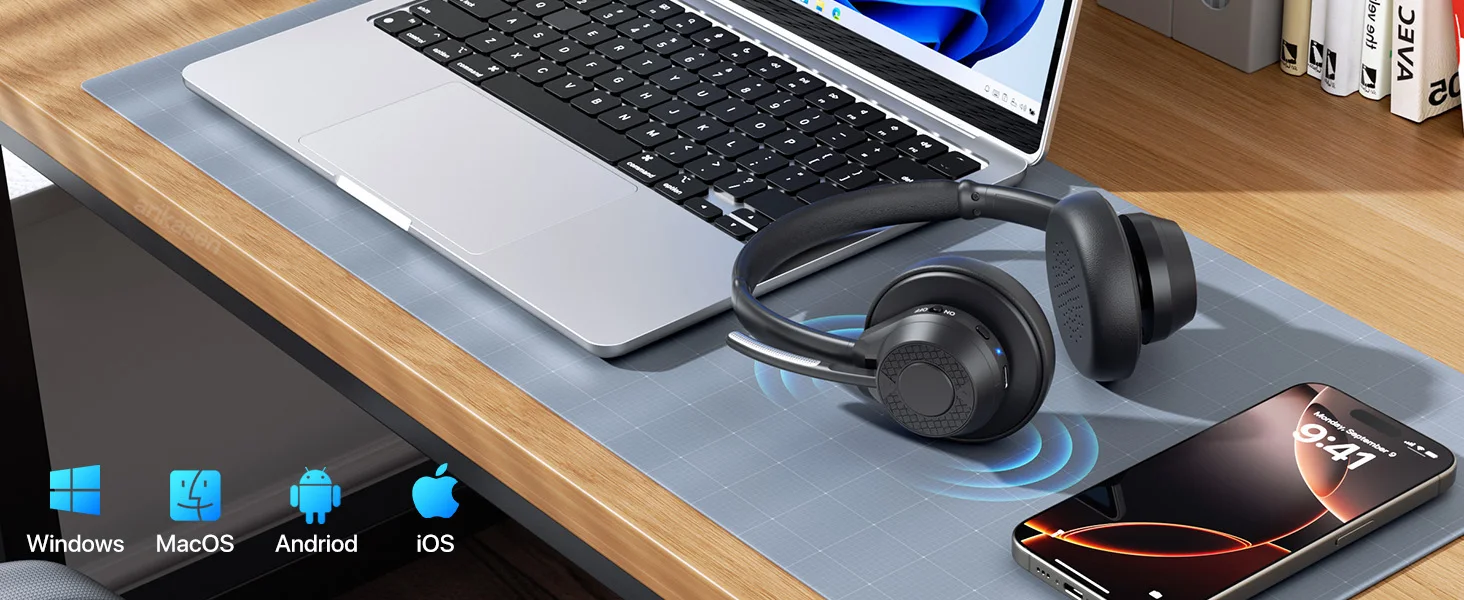 Bluetooth-Headset, kabellose Bluetooth V5.4-Kopfhörer mit Mikrofon, kabelloses Multipoint Connect-Headset mit Geräuschunterdrückung und Mikrofon – Detail 11