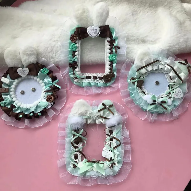 Estuche para tarjetas fotográficas con orejas de conejo, DIY, con lazo de encaje color menta, base para insignias, estilo Kawaii Lolita, decoración interior portátil para Itabag, funda para tarjetas fotográficas