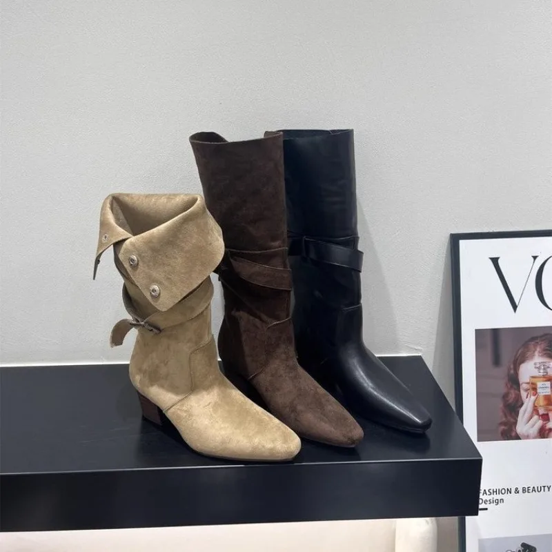 

Полувысокие сапоги для женщин Зима 2025 Новые осенние туфли до середины икры Женские шикарные и элегантные дизайнерские роскошные удобные весенние ботинки Gyaru