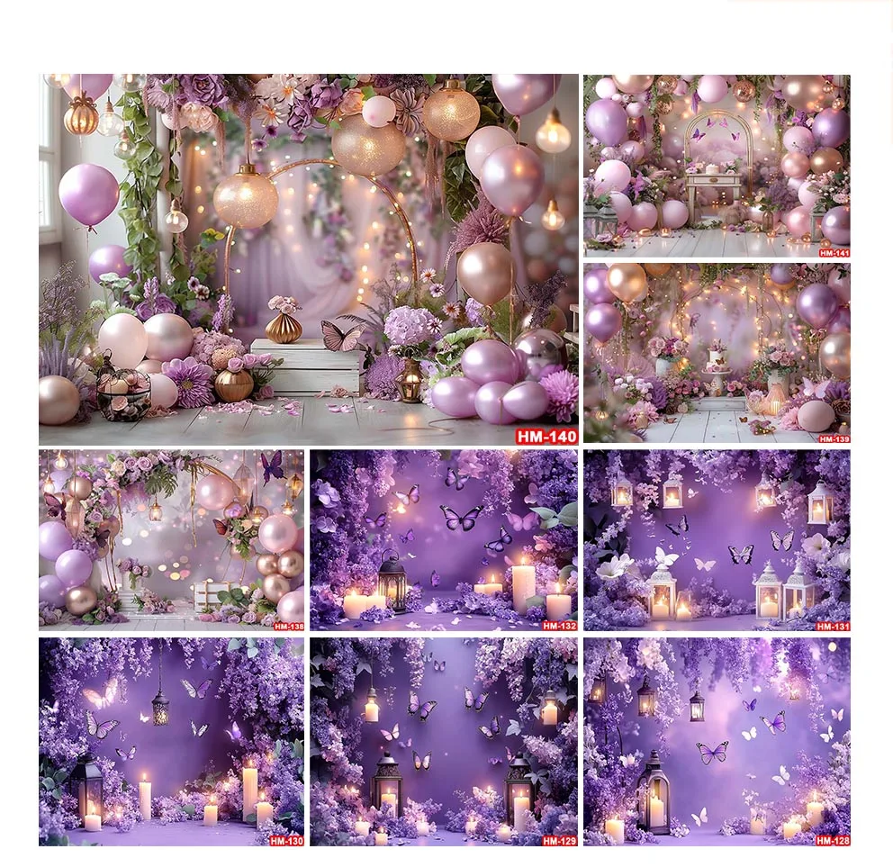 Fotografi Latar Belakang Musim Semi balon bunga kupu-kupu ungu dekorasi kue Smash Bayi Shower anak potret latar belakang Studio foto