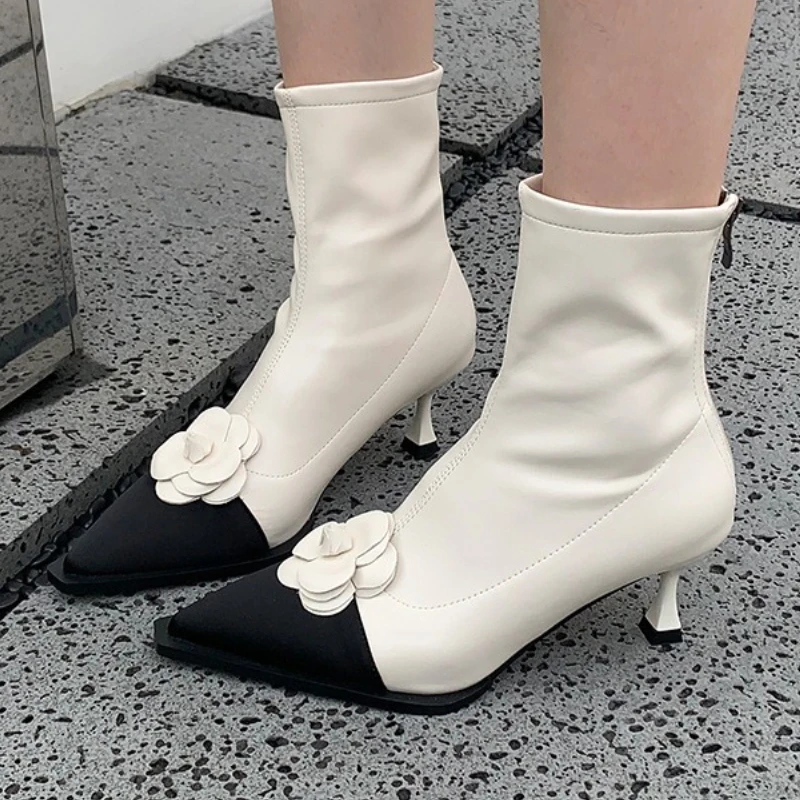 

2025 New Camellia Decoration High-heeled Ankle Boots for Women French Style Pointed Toe Slim Elastic Boots Elegant White Boots