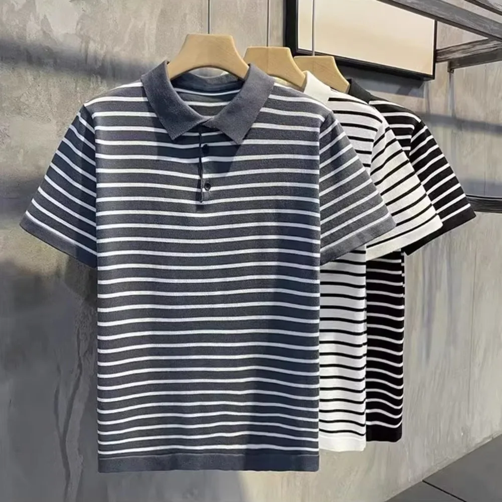 

Summer Ice Silk T-Shirt Casual Slim Fit Lapel Breathable Quick Drying Men's Golf Polo Shirt Striped Short Sleeved Business Top