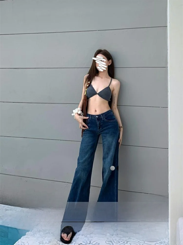 

Low Waist Bell Bottom Blue Denim Jeans Women's Summer New Style Loose Wide Leg Pants Slimming Effect American Retro Style