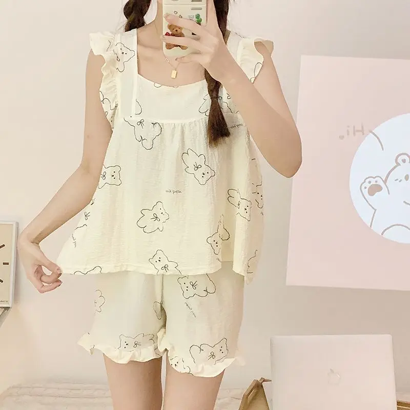 Summer Allover Cartoon Print Lounge Set for Women Cute Ruffle Sleeve Square Neck Top And Shorts Kawaii Women's Loungewear