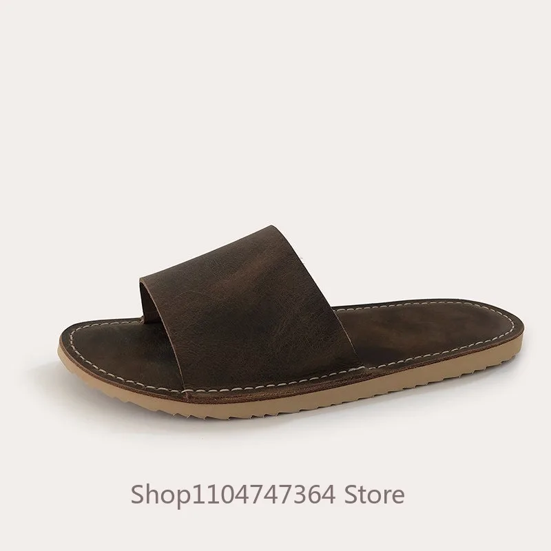 Handmade Genuine Leather Slippers Men's Shoes Casual Outdoor Open Toe Slip on Comfortable Flat Sole Fashion Sandals Male