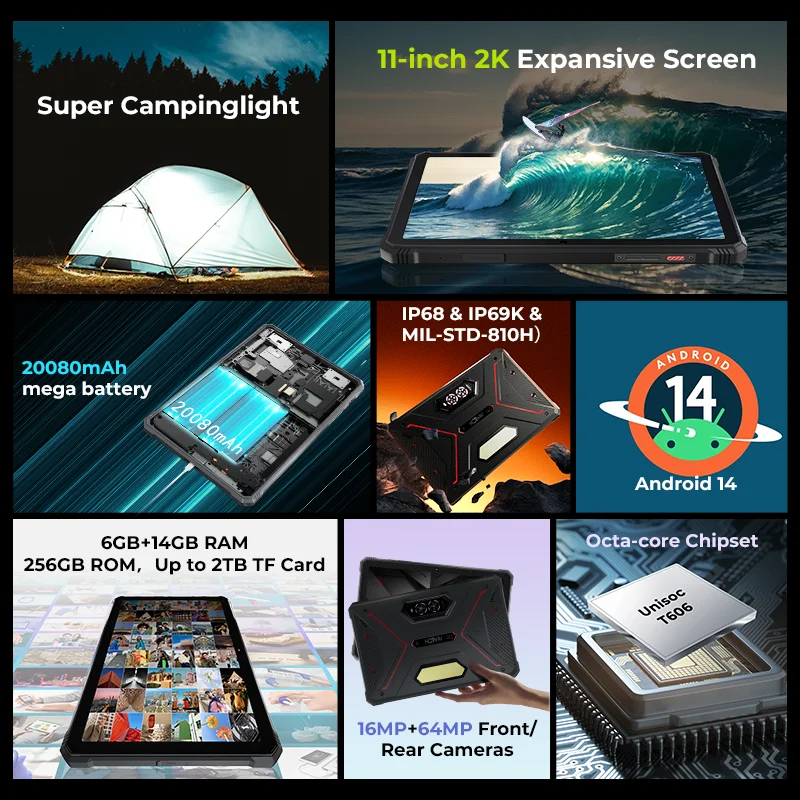 HOTWAV R9 Pro 4G Rugged Tablet Android14 20080Mah Battery 20W Charge tablets 64MP Camera 10.95 Inch FHD+ 6+256GB Camping light