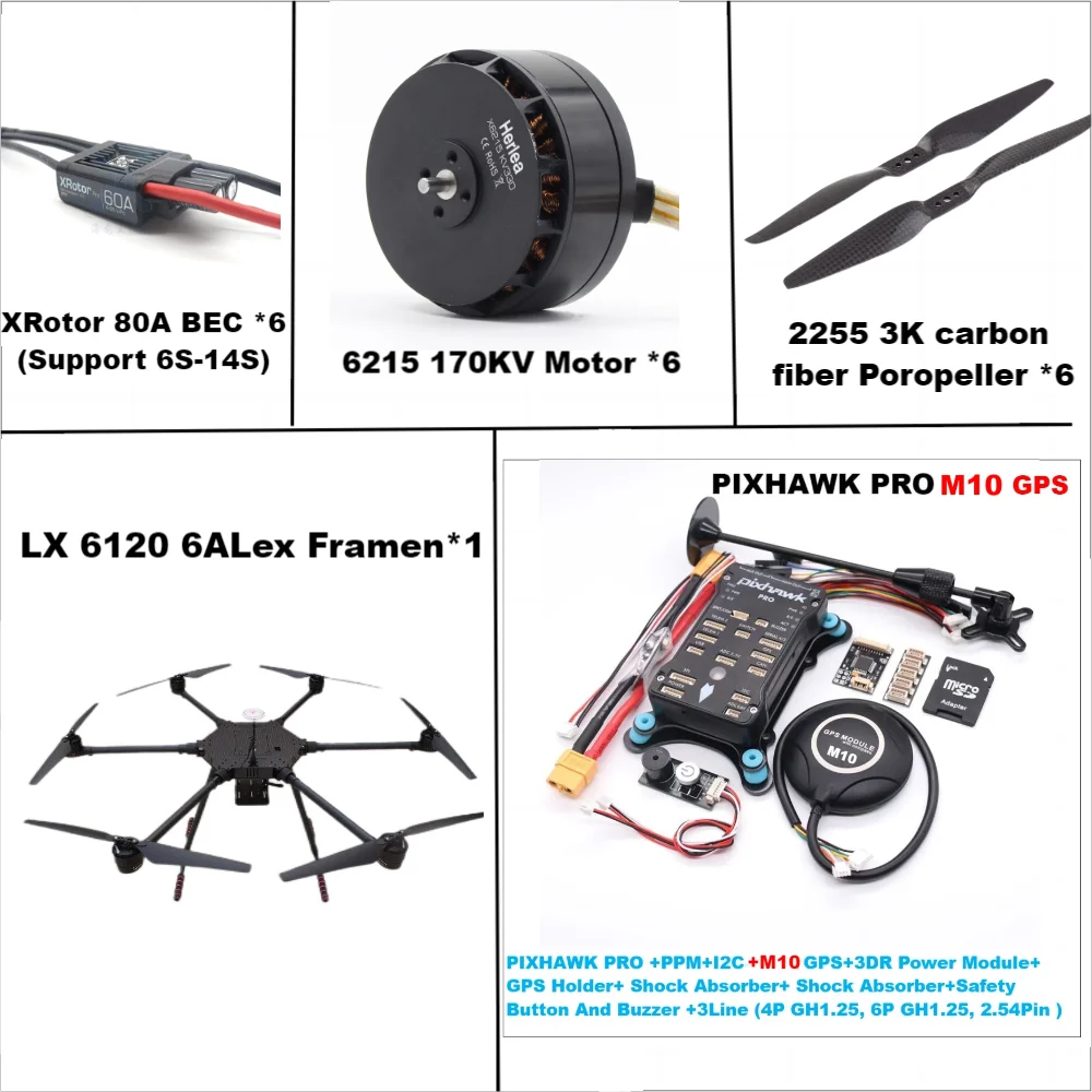 Lx6120 pixhawk pro m10 fibra de carbono completa 1200mm hexa-rotor quadro x-rotor 80a esc px4 conjunto de controle de vôo 6215 motor