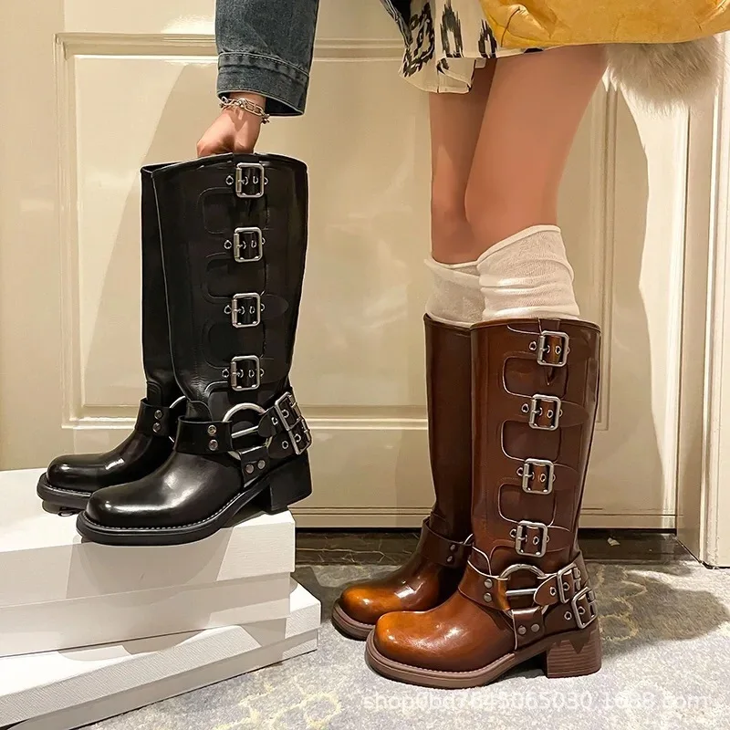 Vintage Long Boots Thick Heel High Barrel Boots Motorcycle Boots Punk Style Women\'s Fashion Miu New Cowboy boots knight boots