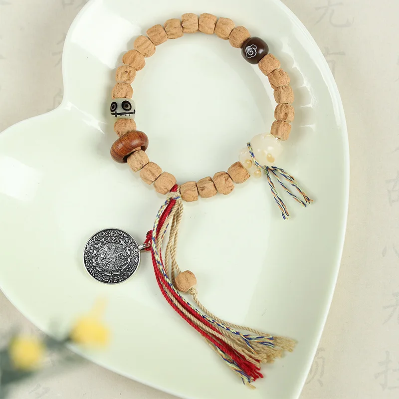 Natural Passion Fruit Seed Straight-Cut Bead Bracelet DIY Retro Good Luck Copper Pendant Charcoal-Burnt Bodhi Small Bear Unis